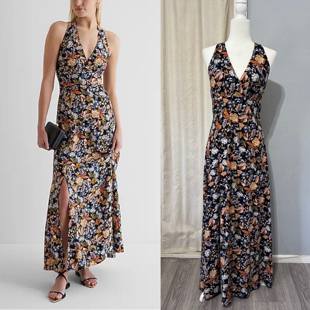 Express Floral Halter Maxi Dress Black Orange Blue T-Back Slit Size S Bohemian